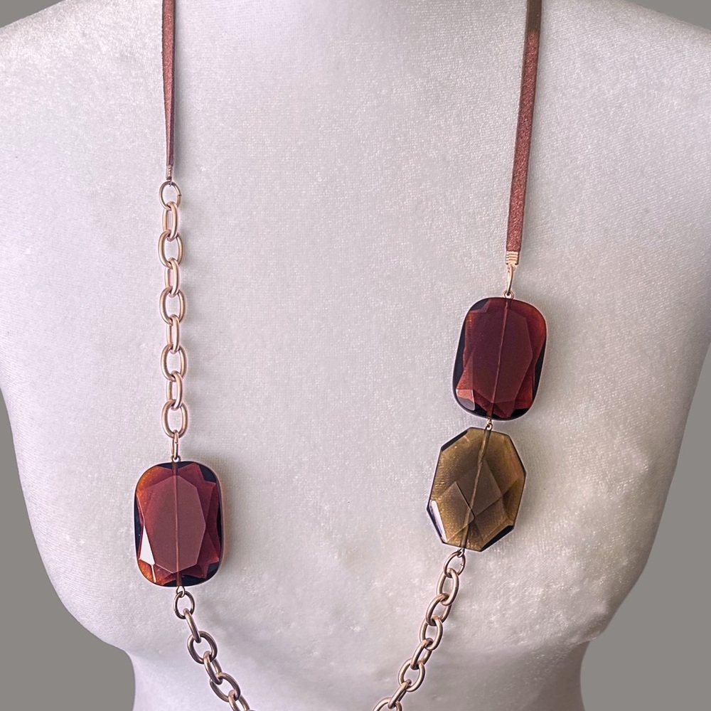 Vintage Brown and Gold, Leather, Lucite Mixed Media Necklace